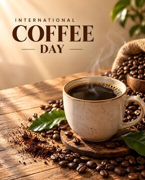 International Coffee Day Poster with Coffee Cup, Beans and Warm Light