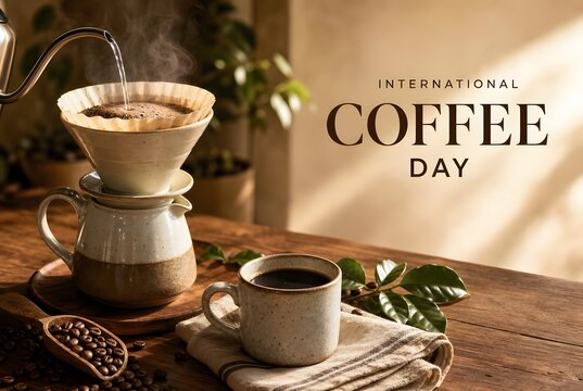 International Coffee Day Poster with Pour Over Coffee and Ceramic Cup