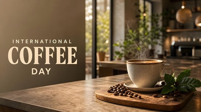 International Coffee Day Banner with Coffee Cup in a Modern Cafe