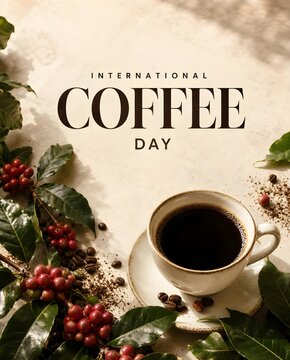 International Coffee Day Poster with Coffee Cup, Beans and Red Berries