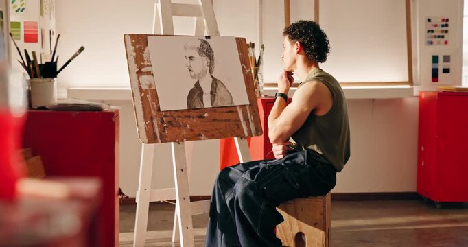 Artist, man or painting on canvas with inspiration for self expression, drawing or creative process. Painter, art or person with brush for artistic picture, artwork masterpiece or thinking in studio