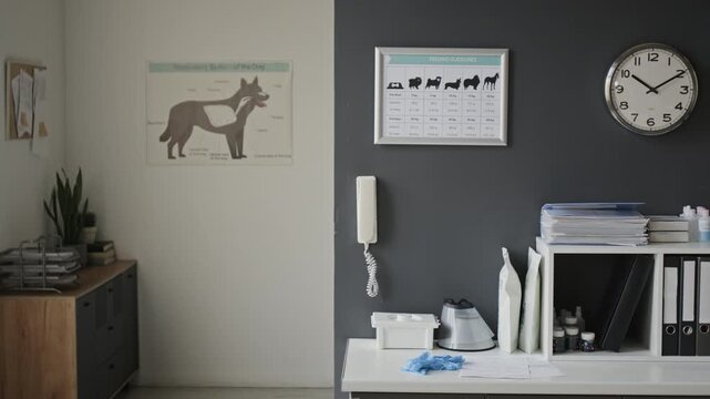 Empty veterinary clinic office displaying canine anatomical chart, medical tools and supplies. Footage suitable for pet healthcare commercials and veterinary service videos