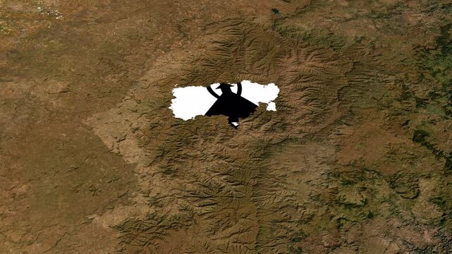 Satellite map animation of Lesotho with zoom in and zoom out, moving clouds, growing ink-shape waving flag of the country, gradient outline indicating the border. Concept for broadcast, social media.