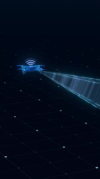 Holographic digital drone flying over a perspective grid and scanning with a camera frustum, designed for a vertical digital ad or short-form social media promo.
