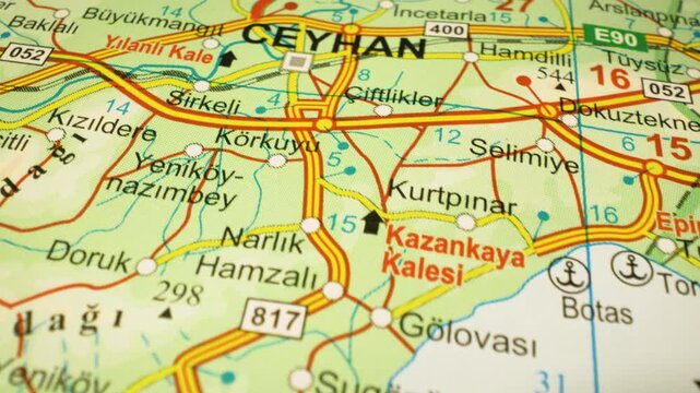 map journey to ceyhan, turkey &ndash; gliding view over detailed roads