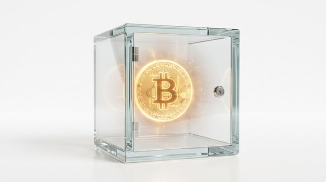Crystal Vault with Floating Bitcoin Symbol Isolated on White Background