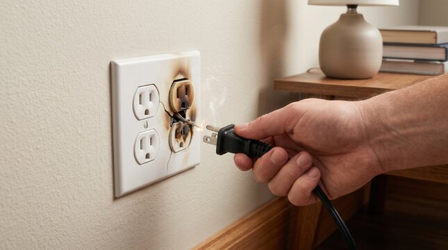 A hand unplugs a damaged electrical cord from a wall outlet