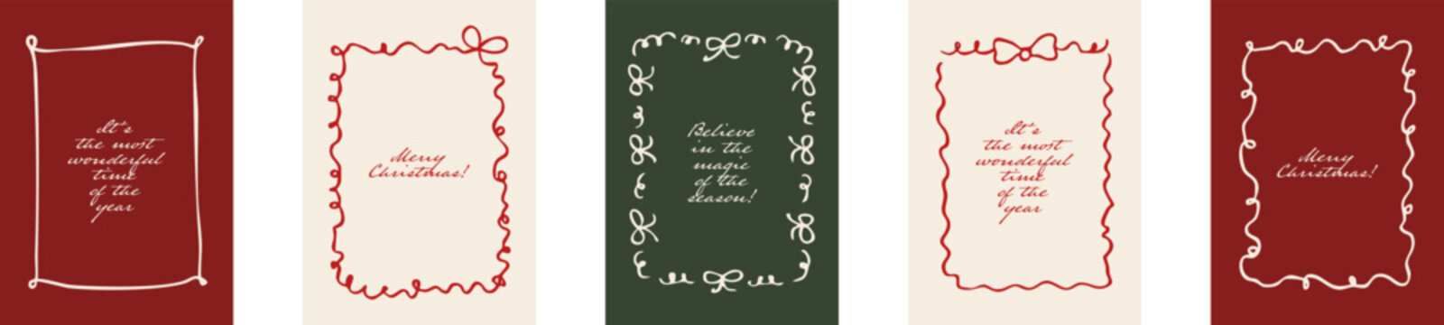 Collection of five hand drawn Christmas borders with bows and playful wavy lines in red, green and cream, perfect for festive cards and invitations