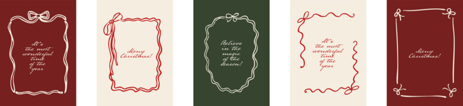 Set of five hand drawn Christmas frames with bows, ribbons and festive greetings in red, green and cream, ideal for holiday cards and invitations