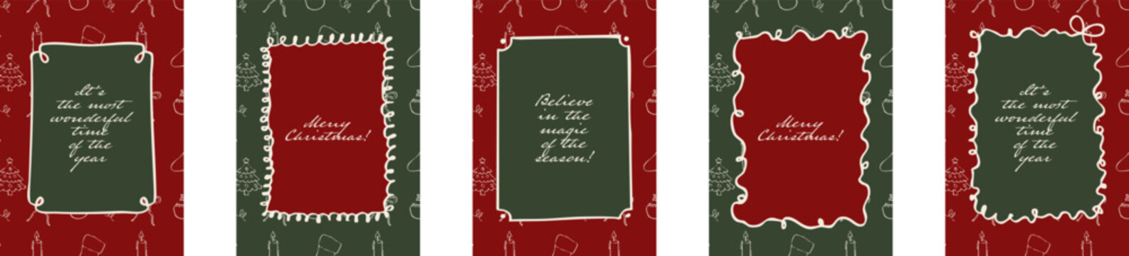 Set of five hand drawn Christmas card templates with festive frames, trees, candles and ornaments in red, green and cream for seasonal greetings