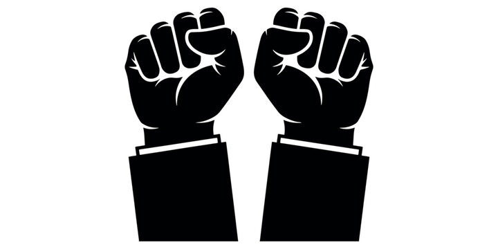 Black silhouette of two clenched fists with cuffs on a white background