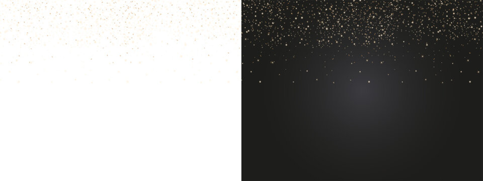 Set of golden glitter confetti borders in two versions, isolated on transparent background and glowing on dark backdrop, ideal for festive designs