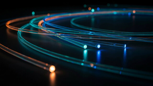 Abstract background of glowing multicolored fiber optic cables arranged in curves on a dark surface with optical fiber optics light transmission data cable