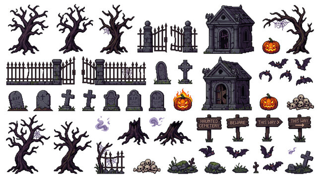 Pixel Art Halloween Graveyard Cemetery Environment Assets Isolated Transparent Background 16-Bit Retro Game Props
