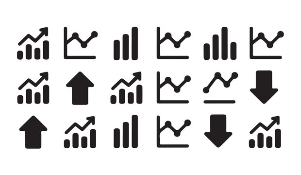 Diverse financial graph icons with bars and trend lines black shapes for business analytics and data reports.