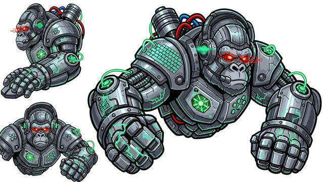 Mechanical Gorilla Robot Character Design with Red Glowing Eyes and Futuristic Armor
