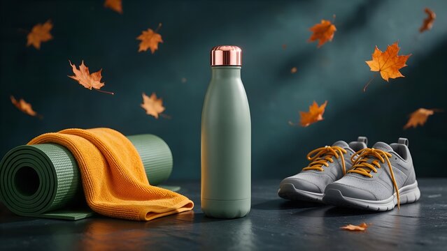 Sage green reusable metal water bottle placed between rolled yoga mat and gray athletic sneakers surrounded by floating autumn maple leaves on dark textured surface background