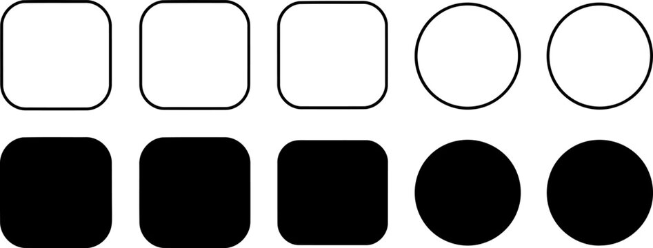 Set of black and white rounded squares and circles on a white background, for interface use