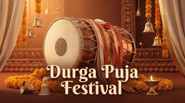 Traditional dholak drum with marigold flowers and brass bells for durga puja festival poster background graphic layout.