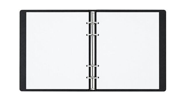 Open black ring binder notebook with white pages isolated on transparent background