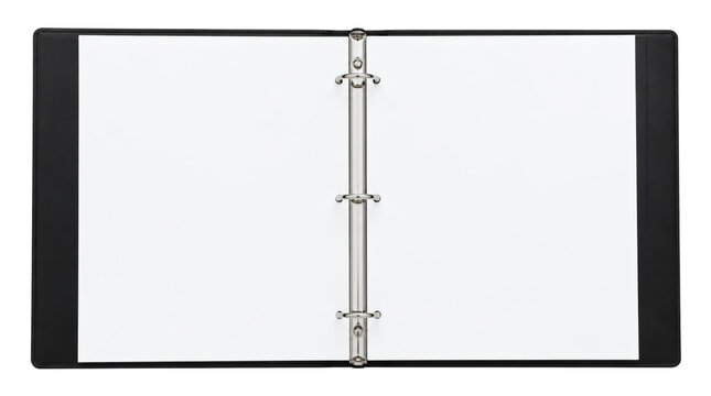 Open black ring binder notebook with white pages isolated on transparent background