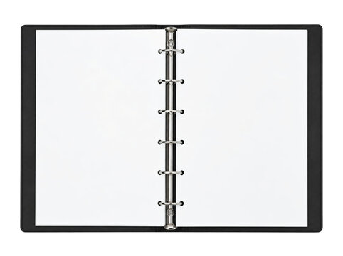 Open black ring binder notebook with white pages isolated on transparent background