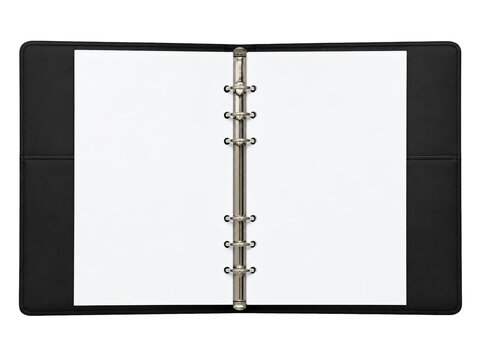 Open black ring binder notebook with white pages isolated on transparent background