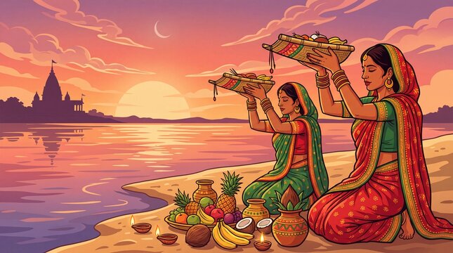 Chhath Puja celebration by the river at sunset with offerings festival India