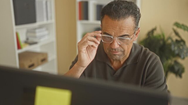 Man smiling and adjusting glasses while seated at computer desk in office building; approachable professional.