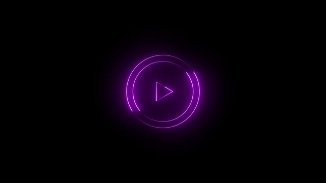 Glowing neon blue color play button icon animation music audio video media player icon on black background.4k video