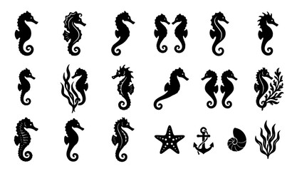 Obraz premium Seahorse Icons Collection – Black Marine Animal Vector Symbols