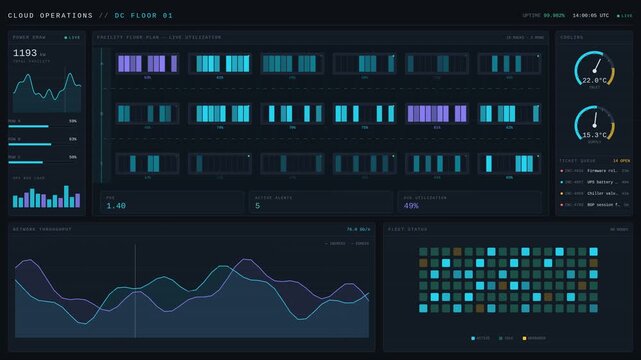 Digital data center cloud operations dashboard displaying real time server analytics and network performance metrics on a dark interface