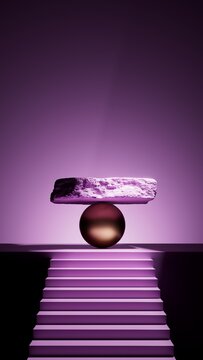 Purple abstract podium with a textured stone slab balanced above a metallic sphere. Glowing stairs and soft light create a surreal luxury display.