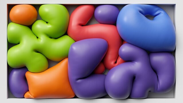 Colorful inflated abstract shapes packed inside a white rectangular frame. Glossy soft forms create a playful 3D composition with vibrant colors.
