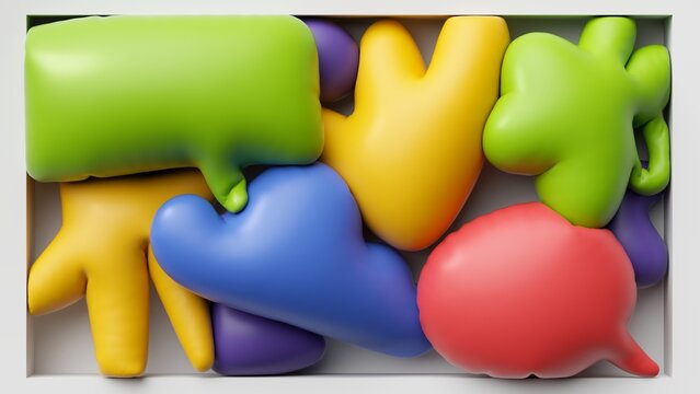 Colorful inflated abstract forms tightly arranged inside a white rectangular frame. Rounded glossy shapes create a playful modern 3D composition.