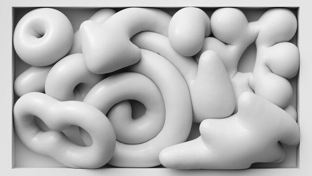 White inflated organic shapes fill a horizontal rectangular frame. Smooth rounded forms and soft shadows create a playful monochrome 3D relief.