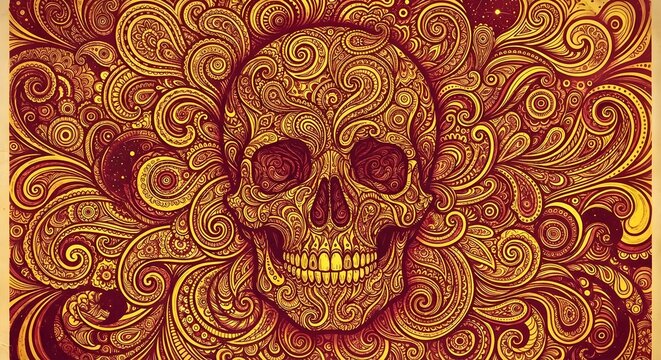 Decorative human skull ornate illustration featuring intricate paisley swirls, mandala motifs, and rich gold and red colors. Great for Day of the Dead (Dia de los Muertos) artwork, t-shirt prints
