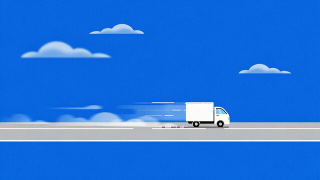 Fast white delivery van traveling on road under blue sky backdrop with delivery service cargo van delivery transport logistics shipping transportation business