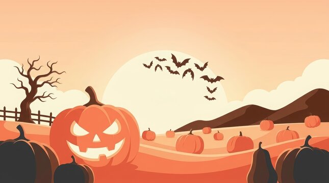 Halloween pumpkin patch background with spooky jack o lantern and flying bats under orange sky.