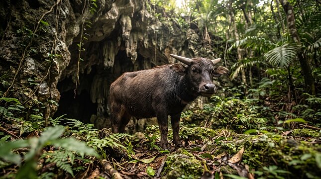 Wild Endemic Anoa Bubalus Depressicornis in Dense Tropical Jungle and Karst Environment