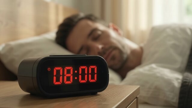 Sleeping bearded man resting peacefully beside digital alarm clock showing eight o'clock in softly lit bedroom, close up morning home interior lifestyle footage