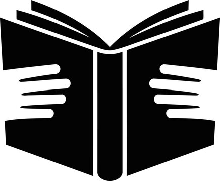 Black and white icon of an open book being held by two human hands, flat symbol