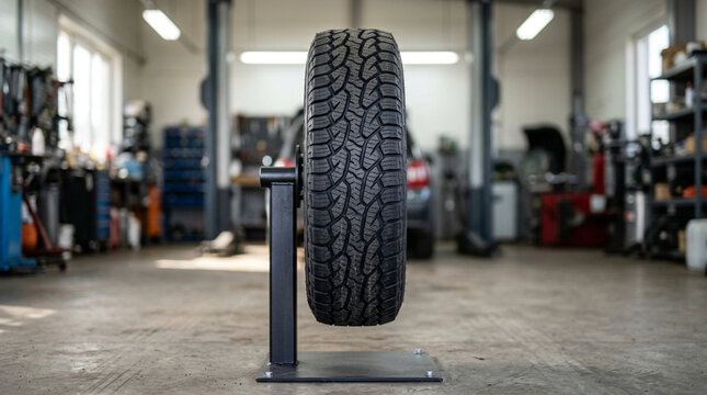 Close-up of a black textured tire mounted on a stand inside a well-lit workshop with various tools and equipment in the background