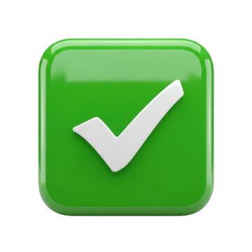 Green square button with white check mark icon isolated on transparent background
