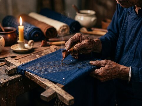 Elderly artisan hands applying hot wax with canting to blue batik tulis fabric