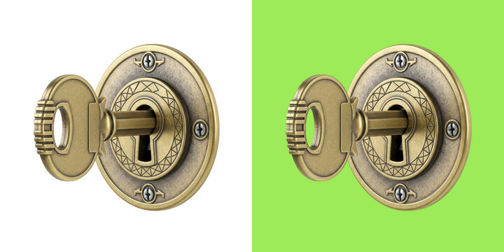 Vintage brass key inserted in ornate door lock