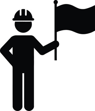 Construction Worker Holding Flag Icon, Safety Signalman with Helmet, Roadwork Caution and Flagman Vector Illustration Isolated on White Background