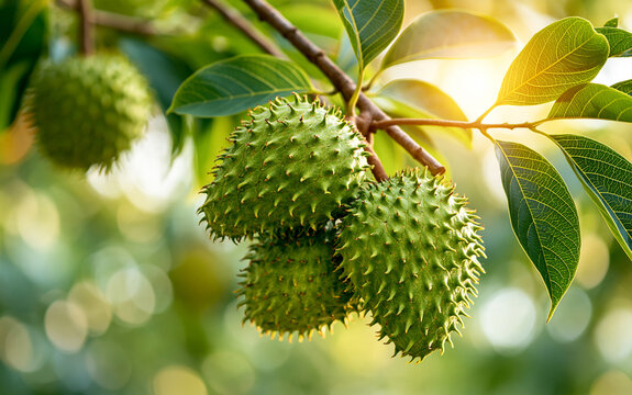 Clusters of green spiky soursop fruits grow on tree branches in tropical garden. Fresh organic fruit hangs from branches under bright morning