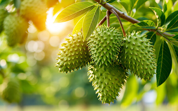 Clusters of green spiky soursop fruits grow on tree branches in tropical garden. Fresh organic fruit hangs from branches under bright morning