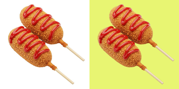 Two crispy corn dogs with ketchup